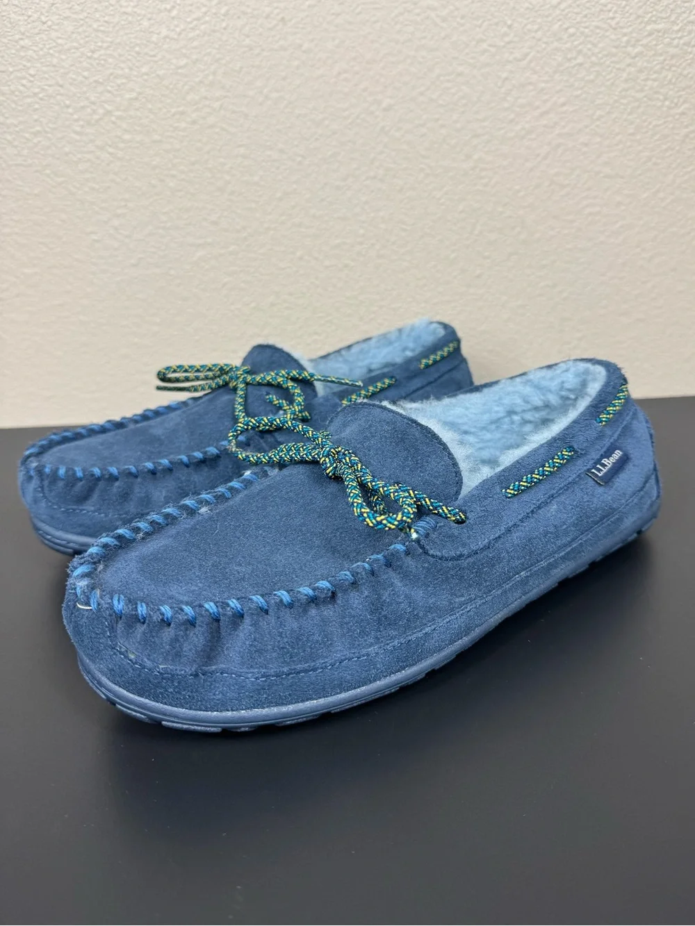 L.L.Bean Sherpa‎ Moccasin Slippers Shoes with Rubber Soles Navy EUC